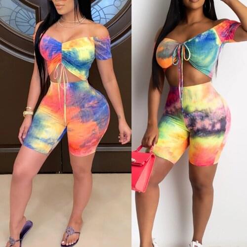 2020 Women 2PCS Tie Dyeing Print Off Shoulder Slash Neck Tracksuit Lace-up Short Sleeve T-shirt Crop Top High Waist Shorts Pants