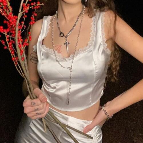 Inscutee Cute Sweet Y2k Vest Women Vintage Streewtear Lace Patchwork Satin Crop Tank Tops Harajuku Fairy Grunge Indie Clothes