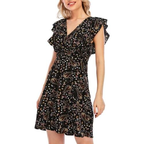 Elegant Summer Women Floral Printed High Waist Tight Short Dress Ruffle Sleeveless V Neck Dress for Office Working Wearing