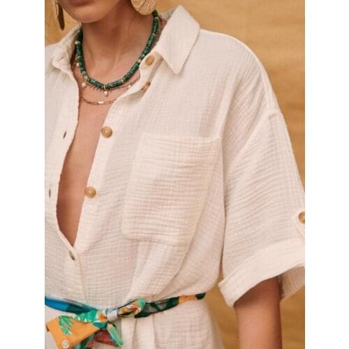 Women Dress 2021 Summer New Item French Sweet V-neck Single-breasted Cotton Casual Shirt Dress Women