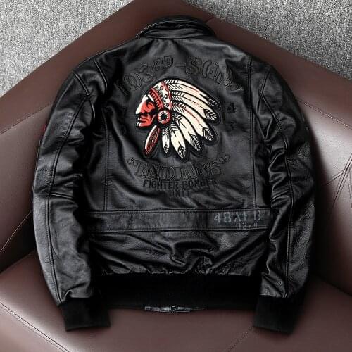 2021 Black Indian Bomber Fighter Genuine Leather Jacket 100% Real Cowhide Motorcycle Jacket Biker Leather Coat Pilot Clothing