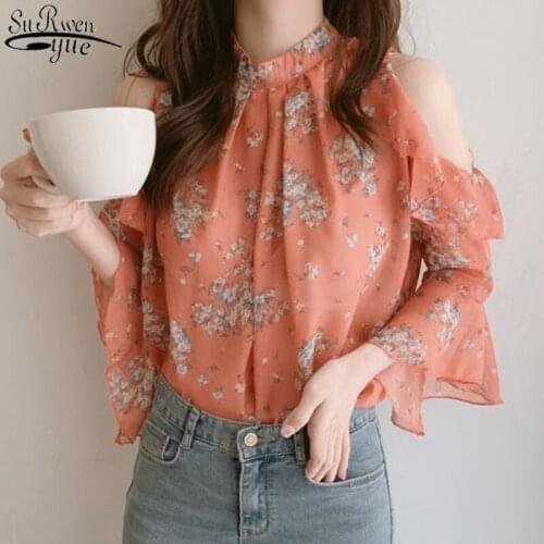 Blusas Mujer De Moda 2021 Elegant Loose Office Lady Tops Print Summer Chiffon Blouses Fashion Off Shoulder Tops Women 9931