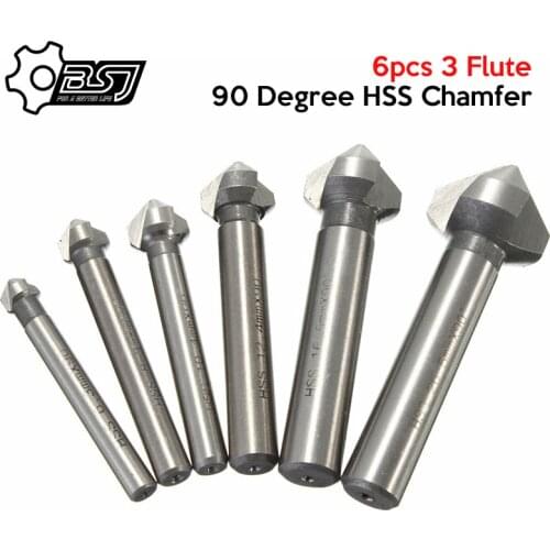 Round shank 6pcs 3 Flute 90 Degree HSS Chamfer Chamfering Cutter End Mill Tool Countersink Drill Bit Set 6.3-20.5MM