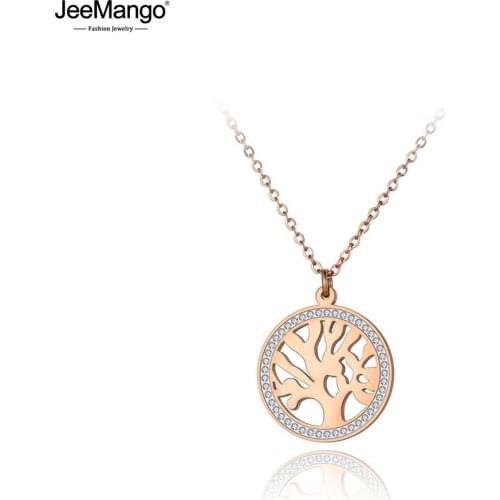JeeMango Bohemia Titanium Stainless Steel CZ Crystal Tree Choker Necklace For Women New Charm Pendant Necklace Jewelry JN19193
