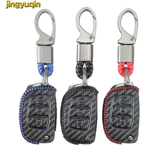 Jingyuqin 3Button Leather Carbon Car Key Case Cover For Hyundai Creta I10 I20 Tucson Elantra Santa Fe 2016 2017 2018 Holder