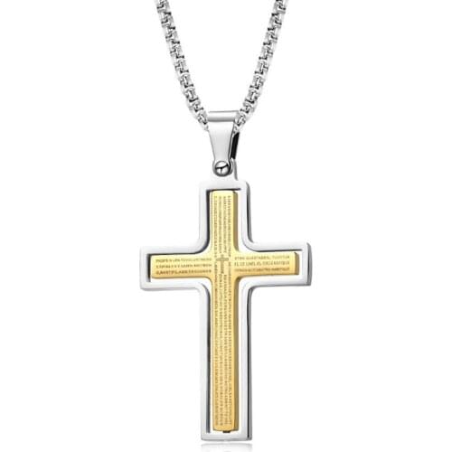 Stainless Steel Gold Black Jesus Bible Verse Rotatable Cross Pendant Necklace Jewelry Gift For Him with Chain