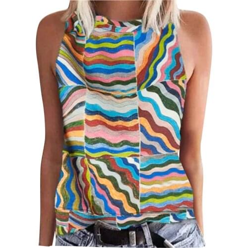Rainbow Stripe Print Tanks Camis Womens Fashion O-Neck T-Shirt Blouse Ladies Summer Casual Loose Tops camisetas de mujer