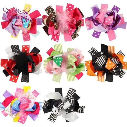 Nishine Colorful Grosgrain Ribbon Bowknot Infant Hair Clips Fashion Feather Striped Bow Hairpins Toddler Headwear Kids Gifts