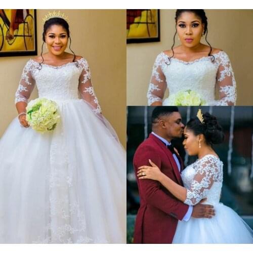 New African Arabic Plus Size Wedding Dresses Sheer Long Sleeves Off Shoulder Appliques Puffy Long Modest Bridal Gowns