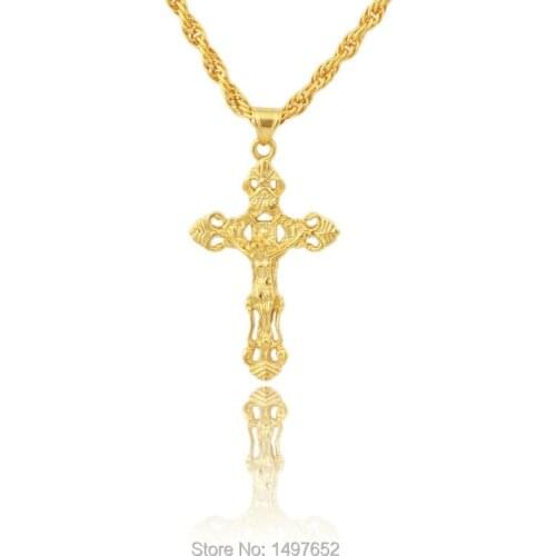 Jesus Cross Pendant . Gold Color Necklace Women Men Unisex Christian Crucifix Fashion Jewelry Free shipping
