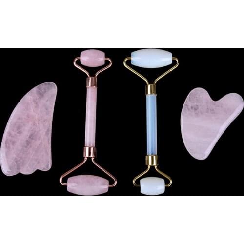 Natural Pink Rose Quartz Crystal Stone Gua Sha Roller Face Neck Beauty Massager