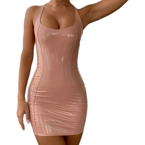 Sexy Women Spaghetti Strap Solid Color Wetlook PU Leather Zipper Bodycon Mini Dress Party Clubwear Dress New