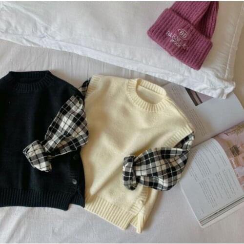 2021 new arrival girls boys plaid patchwork knitted sweaters autumn fashion kids full sleeve pullover sweaters
