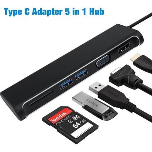 AMKLE Type C HUB USB HDMI VGA Adapter USB 3.0 SD Card Reader Adapter Converter USB 3.0 HUB for PC Computer Laptop