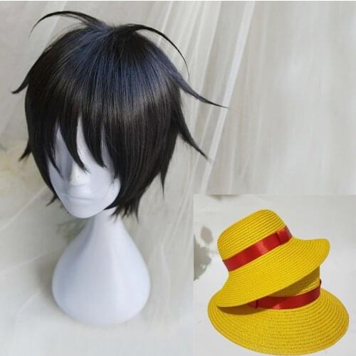 High Quality Anime One Piece Monkey D. Luffy Short Black Cosplay Wig Heat Resistant Synthetic Hair Wigs + Hat