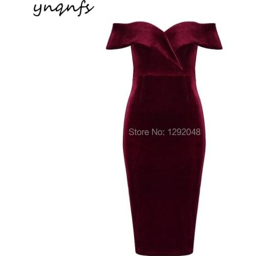YNQNFS B35 Elegant Sheath Tea Length Off Shoulder Wedding Party Dress Burgundy Velvet Short Bridesmaid Dresses 2019