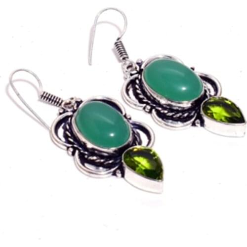 Green Onyx + Peridot Silver Overlay on Copper Earrings ,Hand made Women Jewelry Gift