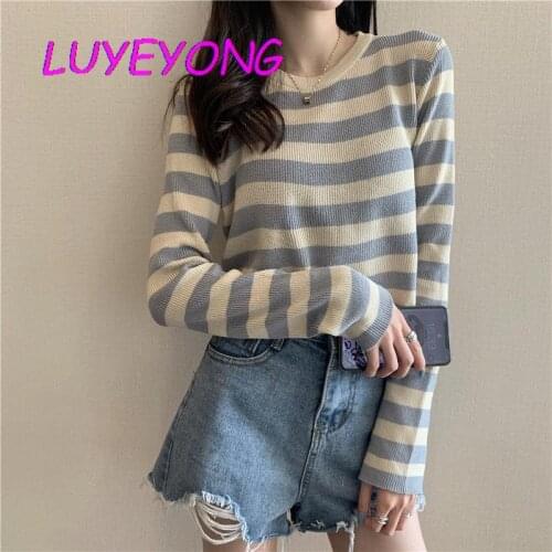 Korean Fashion Clothes Lady O Neck Full Sleeve Street Pullover Knitted T-shirt Girl Elegant Striped Basic Knit T Shirt Autumn