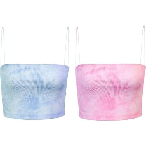 Women Sexy Sleeveless Tie-Dye Crop Tube Top Ribbed Spaghetti Strap Cami Vest