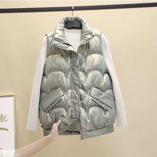 Womens Shiny Autumn Winter Puffer Vest Solid Zipper Ladies Casual Sleeveless Jacket Parka Cotton Padded Thick Outwear Waistcoat