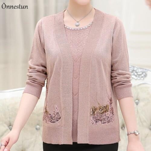 Real Two Pieces Sets Sweater Women Autumn Long Sleeve Mother Sweater Set Shirt + Cardigan Embroidery Sweater For Women