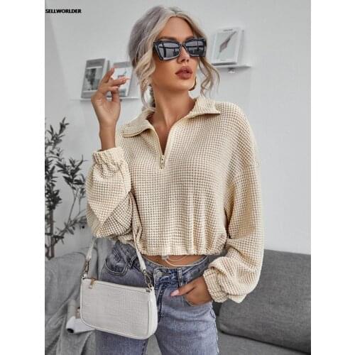 Women Drawstring lapel knitted pullover POLO shirt Long Sleeve Girl Streetwear Ladies White Sweater