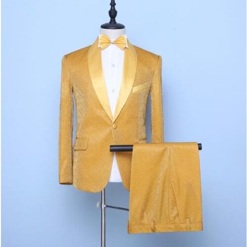 Gold blazer men groom suit set with pants mens wedding suits costume singer star style dance stage clothing formal dress B3