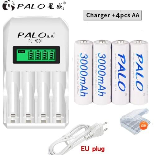 PALO 4 bay LCD Display Fast Intelligent Battery Charger For AA AAA NiCd NiMh Rechargeable Batteries+1.2V AA Battery AAA Battery