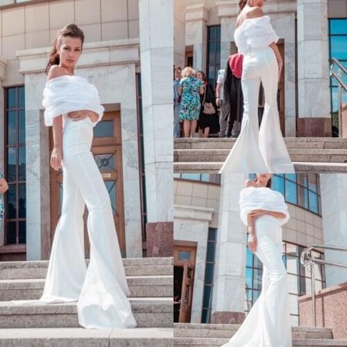 White 2020 Jumpsuits Prom Dresses Off The Shoulder Short Sleeve Arabic Ruched Formal Dress Evening Gowns Floor Length Robe De Soiree