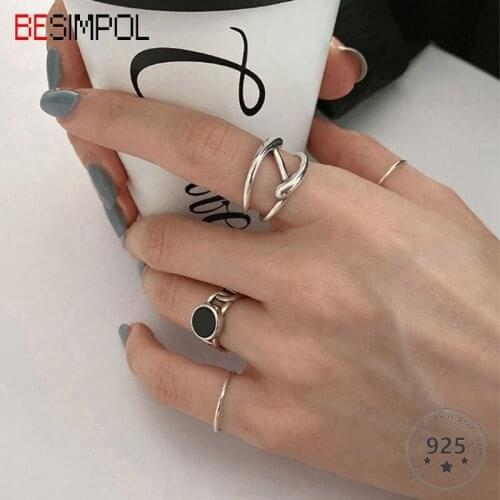 Besimpol Real 925 Sterling Silver Irregular Rings Vintage Line Chain Aadjustable Ring for Women Fashion Luxury Fine Jewelry Gift