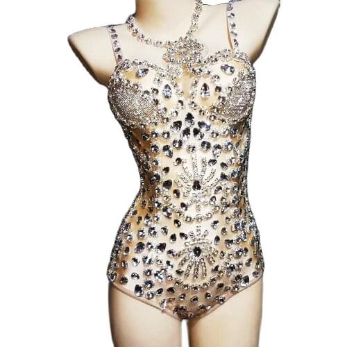 Glitter Gold Rhinestones Women Bodysuit Sleeveless Skinny Leotard DJ Singer Stage Wear Bar DS Dance Show Performance Costumes
