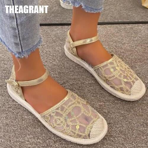 THEAGRANT Golden Flat Women Sandals Mesh Breathable Embroidery Buckle Strap Bling Casual Shoes Summer Shoes Woman WBS3024