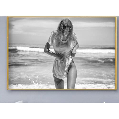 R0333 Black and White Girl With Long Hair By The Sea Sexy Beautiful Girl Model Wall Sticker Silk Poster Art Home Decoration