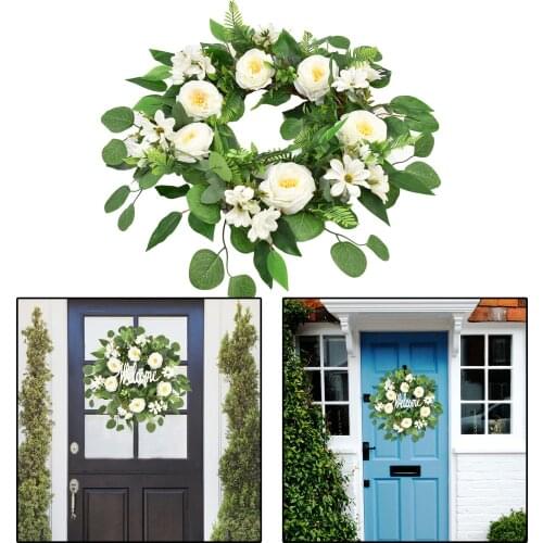 Floral Wreath, Door Wreaths, 45cm/18 inches Artificial White Peony Rattan Spring Flowers Wreath for Front Door, Wedding Decor