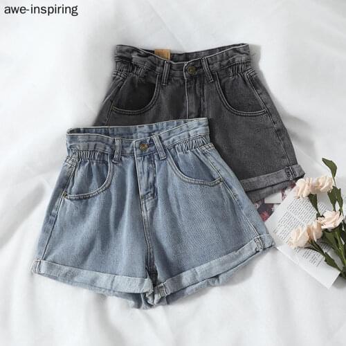 Womens Denim Shorts 2021 High-waist Casual Loose Ladies Fashion Large Size Floral Elastic Waist Wide-leg Jeans White Blue Yello