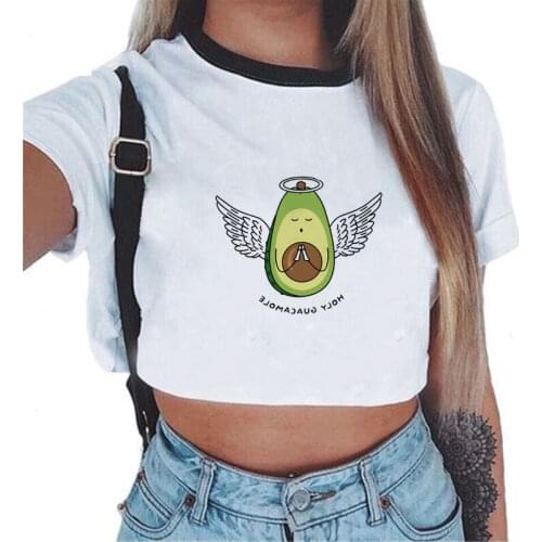 Avocado Print Short Belly Button T-shirt Trendy Top Womens Casual Wear Knitted Fabric Women Sexy Tops