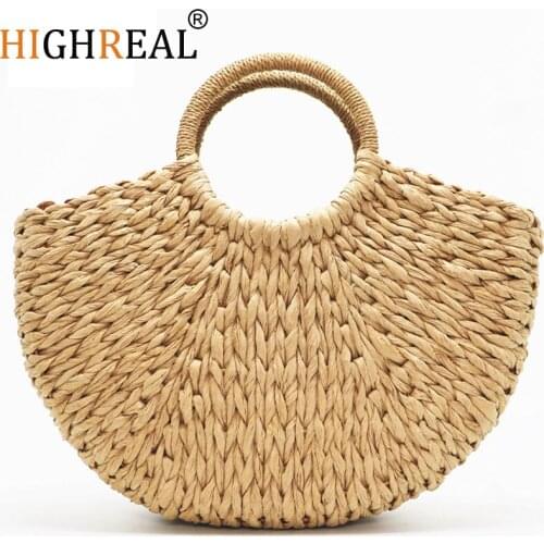 HIGHREAL New Handmade Bag Women Pompon Beach Weaving Ladies Straw Bag Wrapped Beach Bag Moon Shaped Bag