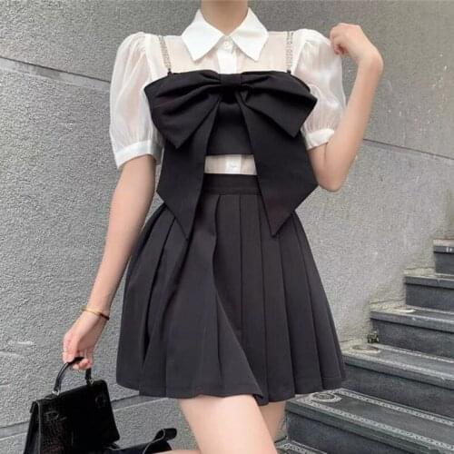 Summer Korean Sweet Chic 3pcs Sets Puff Sleeve Shirt Blouse + Camisole + Skirts Sets Fashion Streetwear Tops Vest Skirt Suits