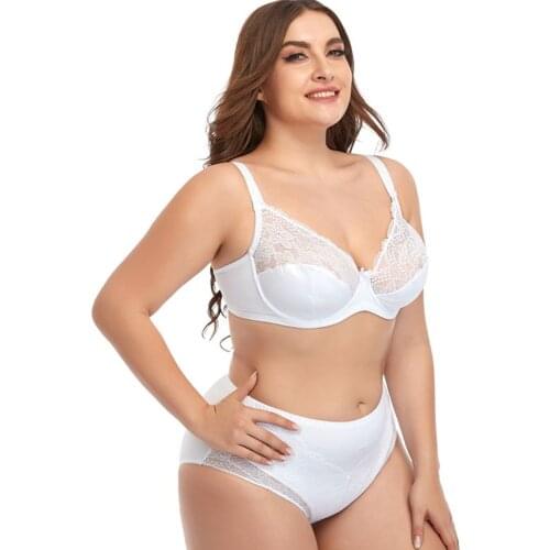 Unlined Lace Women Bra And Briefs Set Underwire Lingerie Seamless Underwear Mid-Rise Knickers Suit Brassiere Plus Size 38-54