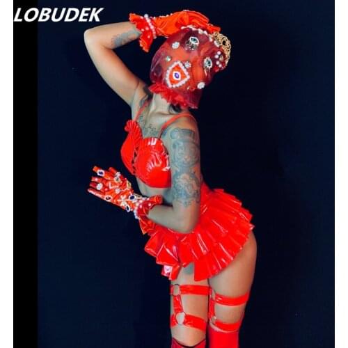 Bar Nightclub DJ Jazz Pole Dance Costume Red PU Leather Rhinestones Bikini Skirt Gloves Outfit Women Dancer Team Sexy Stage Wear