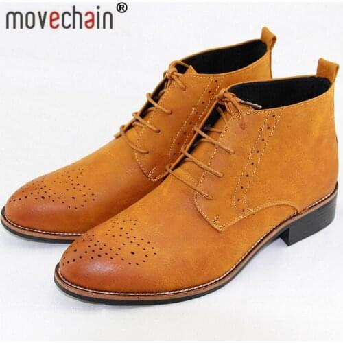 Movechain Man Leather Lace-Up Ankle Motorcycle Boots Brand Mens Fashion High-Top Casual Shoes Mens Vintage Carved Brogue Flats