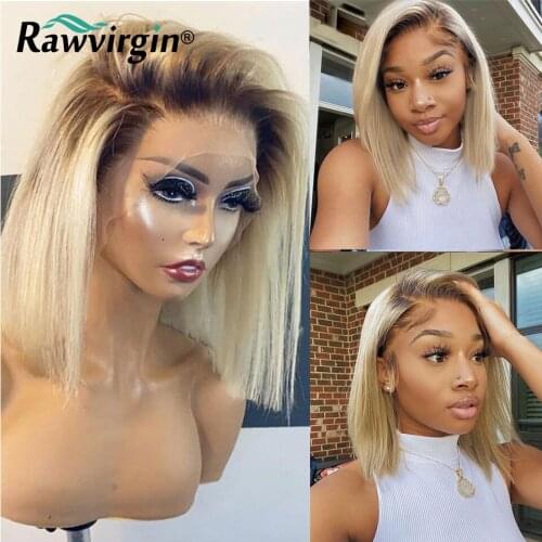 Pixie Cut Bob 13x4 Lace Front Wigs Human Hair Pre Plucked Straight Ombre 613 Blonde Colored HD Transparent Wigs For Women 200
