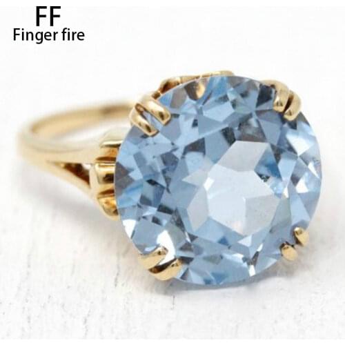 Simple Fashionable 18K Gold Light Blue Diamond Female Romantic Ring Engagement Wedding Bride Princess love