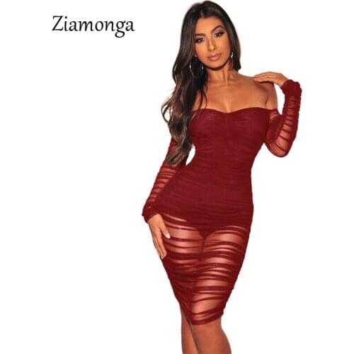 Ziamonga Mesh Sexy Dress Solid Off Shoulder Bandage Midi Dress Strapless Casual Autumn Party Dress Black Red Night Club Bodycon