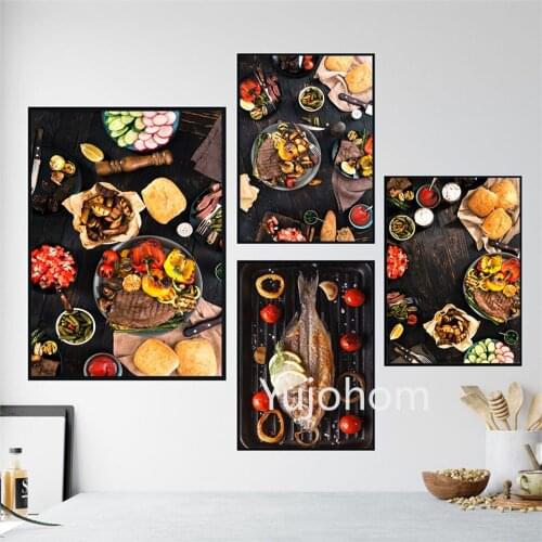 Barbecue Steak Vegetables and Fish Artwork Wall Art Posters and Prints For Home Kitchen Decor Living Room HD Canvas Paintings