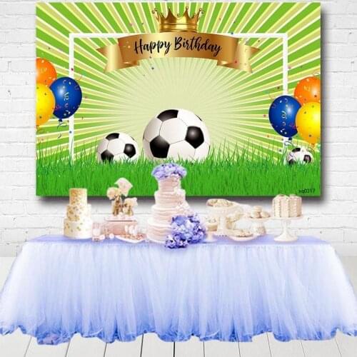 Green Grass Soccer Party Backdrop For Boys Birthday Party Gold Crown Balloons Football Theme Photography Backgrounds