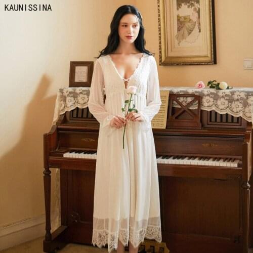 Women Sleepwear Gown Princess Night Wear Royal Vintage Modal Sexy V-Neck Nightgown Dress Autumn Embroidery Lace Nightdress