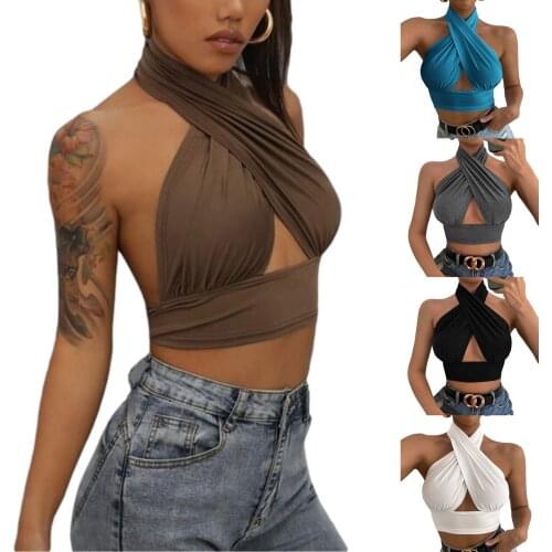 Women Summer Tank Tops Solid Cross Halter Camisole Girls Sleeveless Backless Close-Fitting Vest High Street Top 4 Colors
