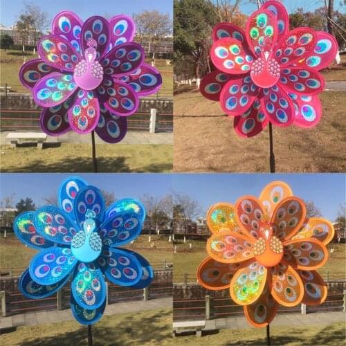 1Pc Hot Double Layer Peacock Laser Sequins Windmill Colorful Wind Spinner Kids Toy