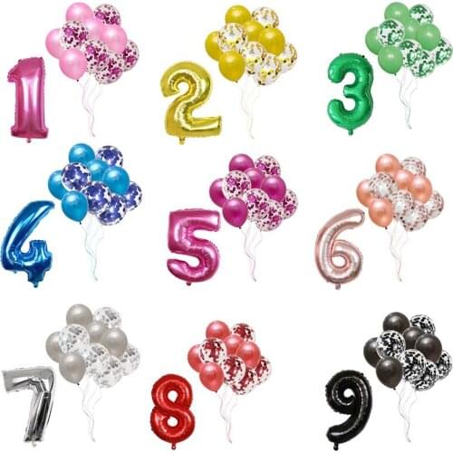 11pcs Number Foil Balloons Birthday Party Decoration Kids Baby Girl Princess 1 2 3 4 5 6 7 8 9 Years Old 1st Birthday Latex Ball